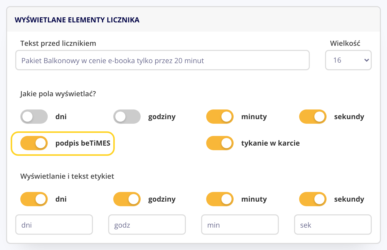 Panel beTiMES: przełącznik podpis beTiMES w ustawieniach wyświetlanych elementów licznika
