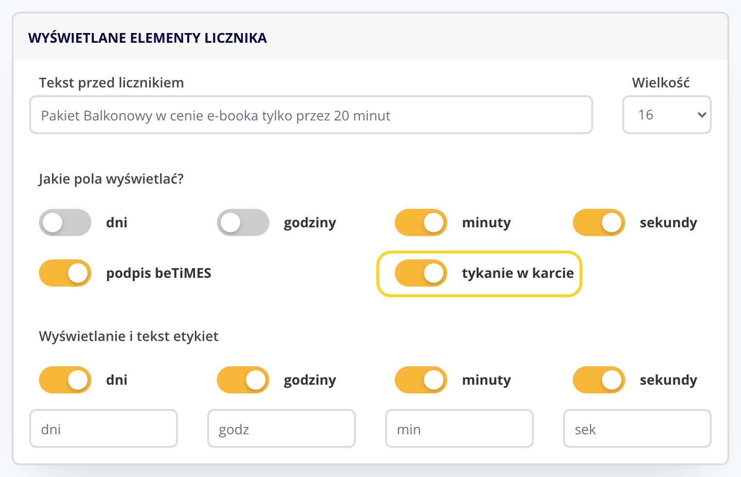 Panel beTiMES: przełącznik tykanie w karcie w ustawieniach wyświetlanych elementów licznika