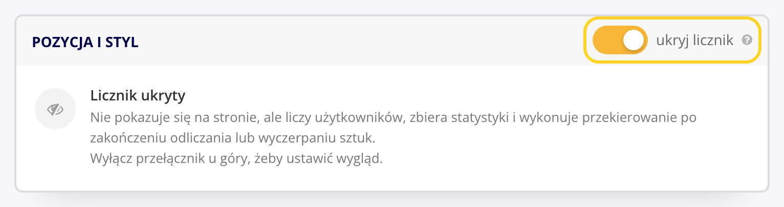 Panel beTiMES: przełącznik ukryj licznik w nagłówku Pozycja i styl i komunikat Licznik ukryty