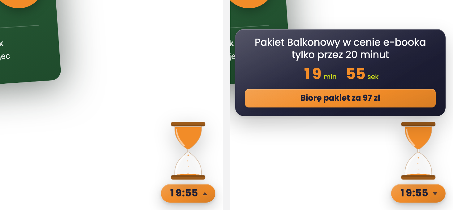 Styl Klepsydra w rogu strony oraz rozwinięta karta z odliczaniem