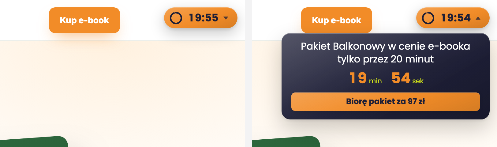 Styl Pigułka zwinięty w rogu strony oraz rozwinięty do karty z odliczaniem i przyciskiem