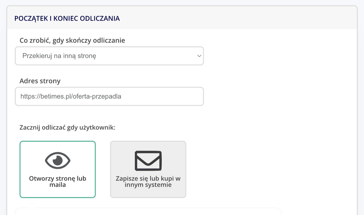 przekierowanie na stronę „oferta przepadła” i wybór momentu startu odliczania.