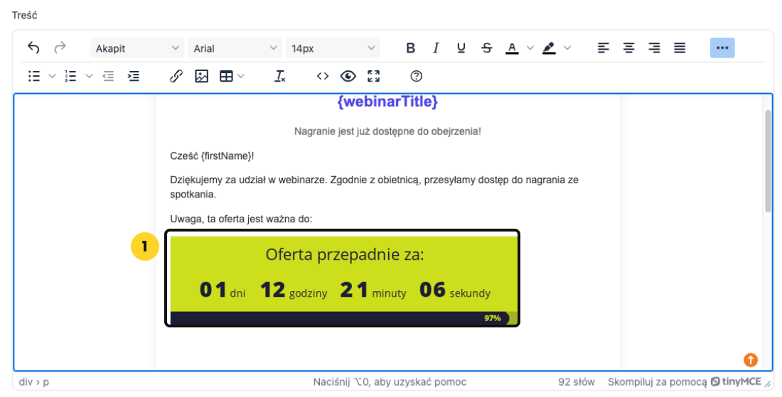 Licznik beTiMES widoczny w treści maila w edytorze Webivio