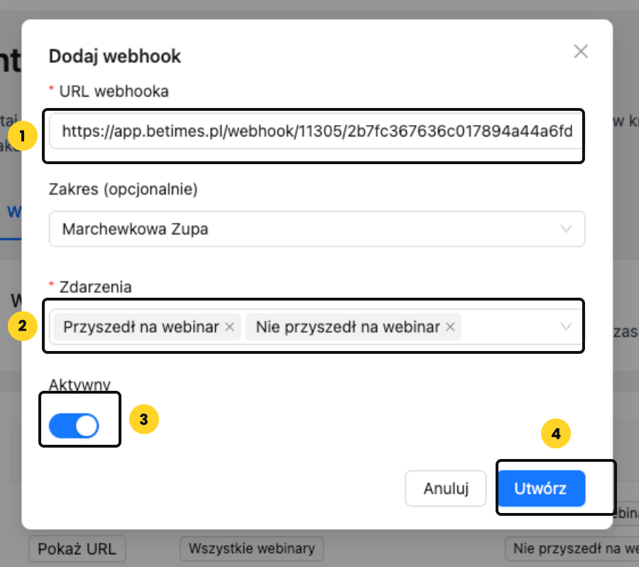 Okno Dodaj webhook w Webivio z listą zdarzeń