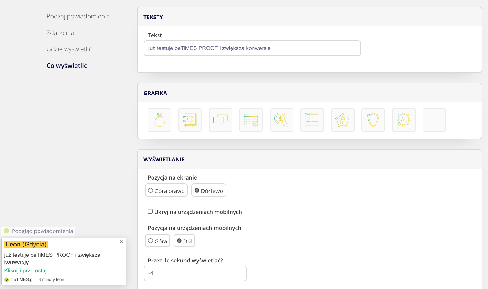 beTiMES PROOF: personalizacja nagłówka, treści, ikony i pozycji powiadomienia