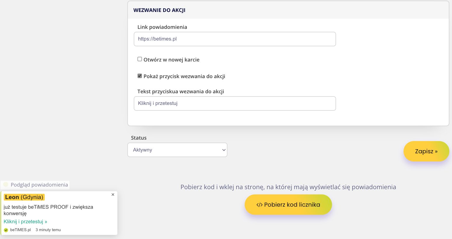 beTiMES PROOF: konfiguracja przycisku CTA w powiadomieniu